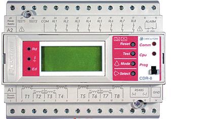 Relés de control CDR-8 Central de relés de corriente Referencias Tamaño Indicación N.º de reconexiones Tiempo entre reconexiones Tipo Código 8 módulos LED y display Prog.: 0... 10 Prog.