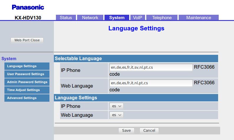 Language: Español - Para el modelo Panasonic KX-HDV130: En el interfaz web