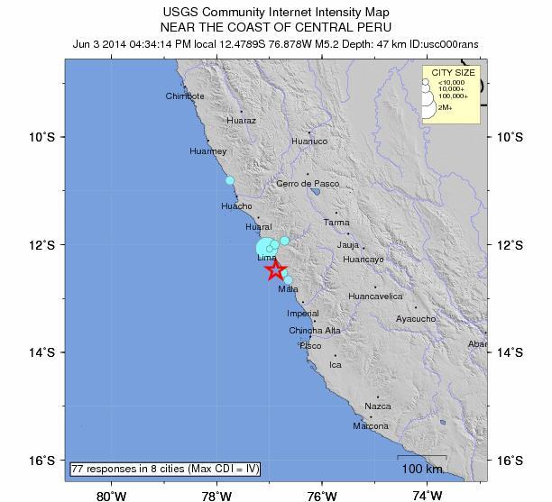 El USGS ubica el epicentro a 14 Km al Sur Este del Distrito San Bartolo (Lima), a 15 Km del Nor Oeste Chilca (Lima), 33 Km del Nor Oeste del Distrito de Mala (Lima), a 44Km del Sur Este del Distrito