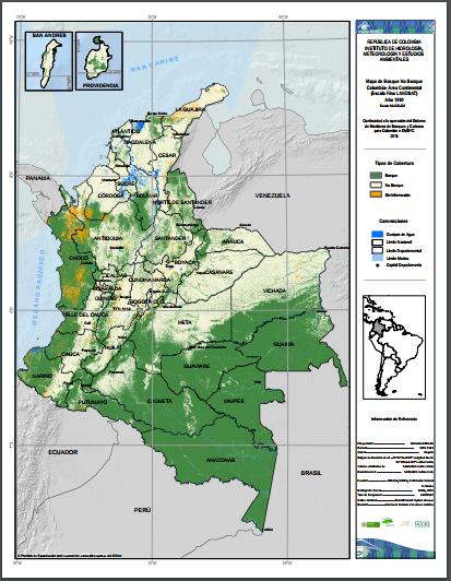 Mapa de Bosque No Bosques Colombia Área Continental. Año 1990 Presiones e impactos Mapa de Bosque No Bosques Colombia Área Continental. Año 2016 Fuente: IDEAM 2017.