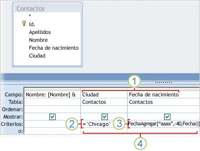Los criterios que especifique para los distintos campos en la fila Criterios se combinan mediante el operador Y.