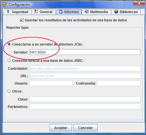 CRA Sexma de La Sierra. Tutorial de instalación de JClic en red y servidor de informes JClic. 13 5. En JClic, vaya a Herramientas - Configuración y seleccione la pestaña Informes. 6.