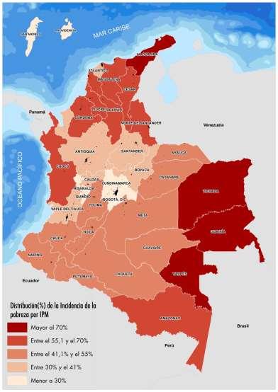 Distribución(%) de la Incidencia de la pobreza por IPM Los departamentos de La Guajira, Vichada, Guainía y Vaupés tienen los mayores IPM ajustado para la población en el área rural dispersa censada.