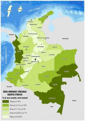 Distribución (%) por Departamento En los departamentos de Amazonas, Guainía, Vaupés y Chocó se encuentra el 57,4% del área rural dispersa censada de territorios de grupos étnicos Distribución (%) del