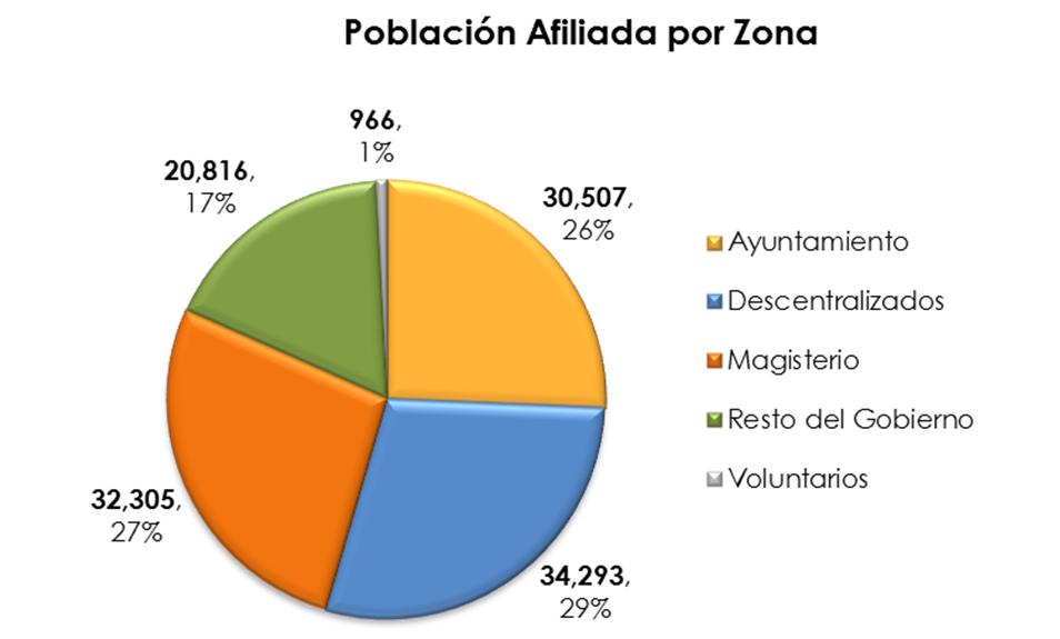 Éstos se encuentran agrupados en cinco grandes zonas de afiliación: 34,293 (29%) corresponden a los organismos públicos descentralizados,