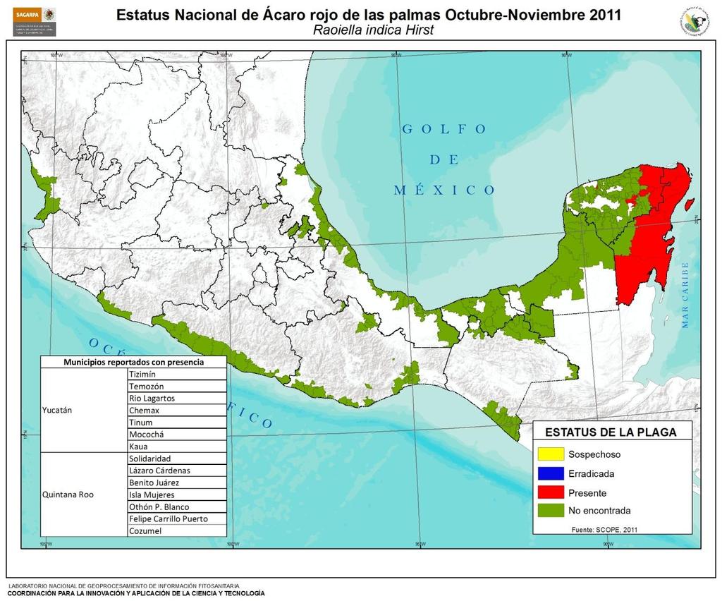 Situación Fitosanitaria Entre el 15 de octubre y 15 de noviembre se realizaron actividades de vigilancia epidemiológica fitosanitaria en los estados de Nayarit, Michoacán, Guerrero, Oaxaca, Chiapas,