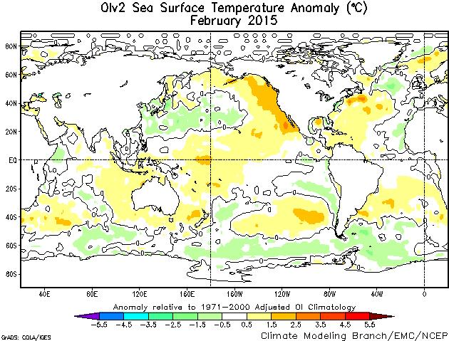 NATL Niño 3.4 Niño 1+2 SATL Fig. 1: Anomalías de temperatura superficial del mar (TSM) en C del mes de febrero de 2015.