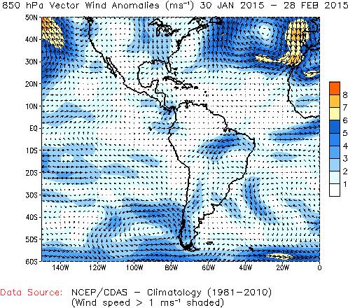 Las anomalías de TSM en el Atlántico subtropical Sur (costas de Argentina, Uruguay y sur de Brasil) continúan siendo positivas (alrededor de 1.