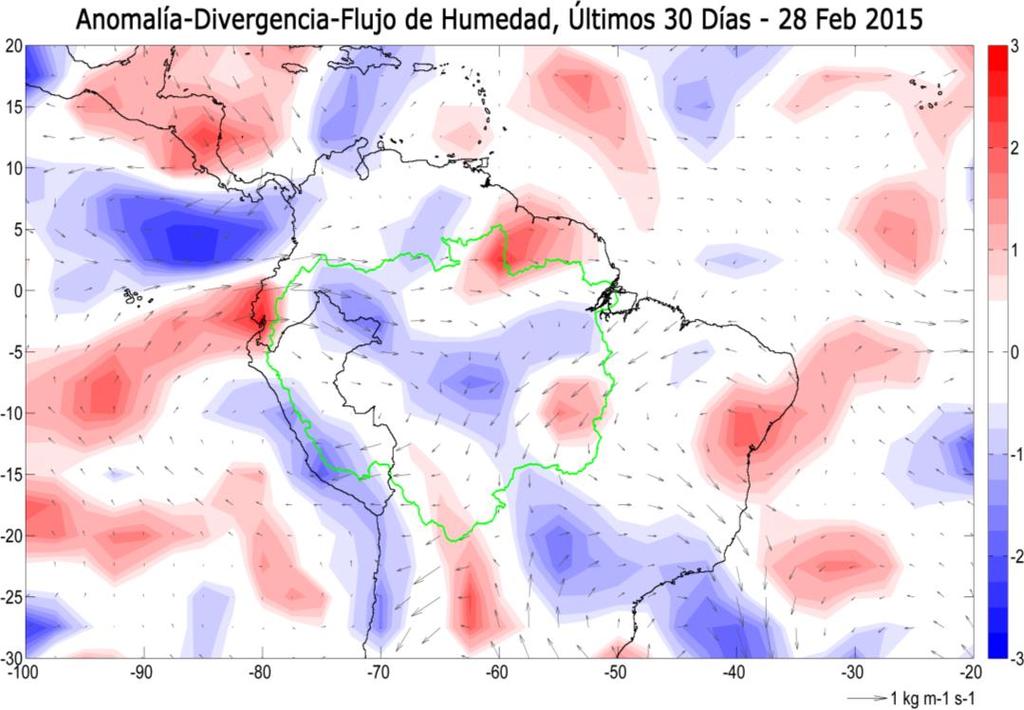Fig. 3: Anomalías de flujo de humedad integrado en los niveles de 1000 hpa a 300 hpa de la atmósfera y su divergencia. El periodo corresponde de 01 al 28 de febrero 2015.
