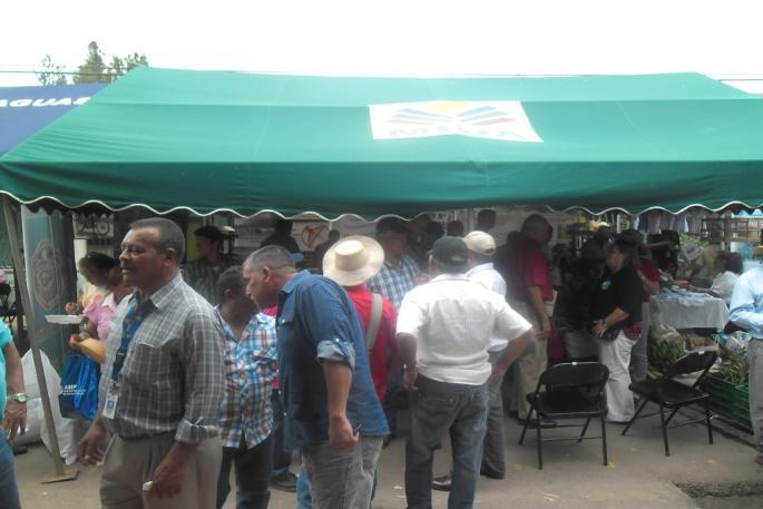 Ventas de productos agrícolas de productores del área. Exposición de artesanías del grupo de Mujeres Rurales de Cerro Plata.