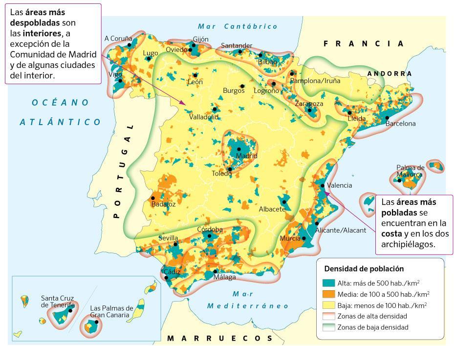 La densidad de población de España España tiene más de 47 millones de habitantes. El 70 % vive en áreas urbanas.
