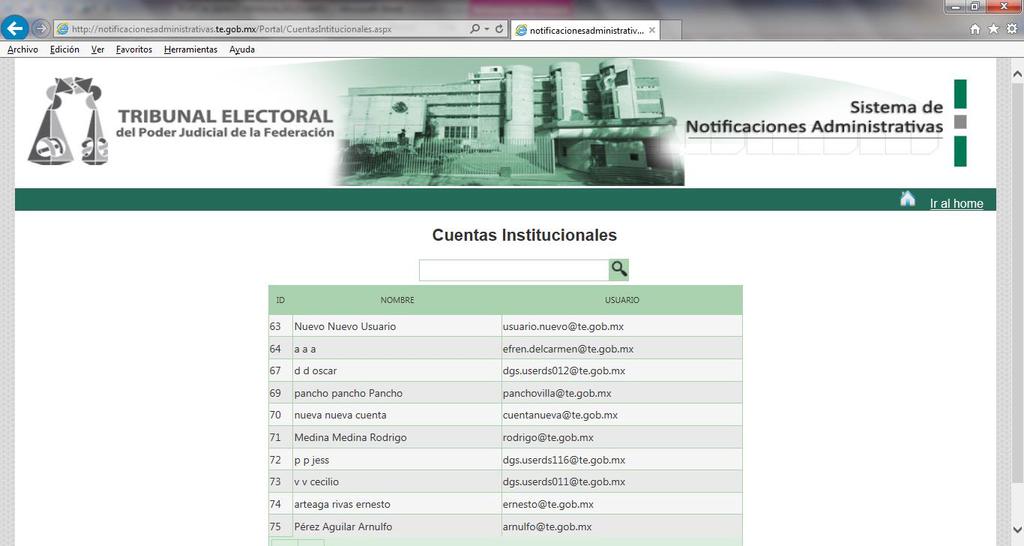 En la pantalla de cuentas institucionales vigentes, muestra la información