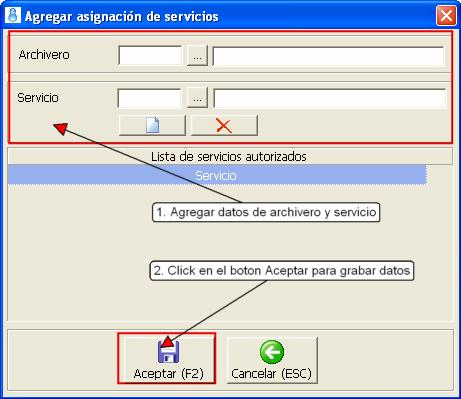 1.1.4 Agregar Archivero Para agregar un nuevo archivero y los servicios del cuál éste es responsable al Sistema integrado de gestión hospitalaria, se da clic en el botón Agregar (F2) del menú