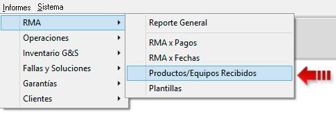 7. Reporte de productos/equipos que se han recibido El reporte de Productos/Equipos Recibidos, enlista