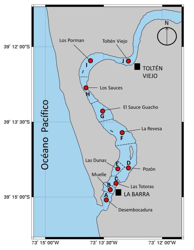 Figura 5.- Área de operación de los pescadores de Caleta La Barra (puntos rojos) en el Río Toltén. Fuente: Gómez et al, 2015. b) Pescadores Recreativos y Operadores Turísticos en el Río Toltén.