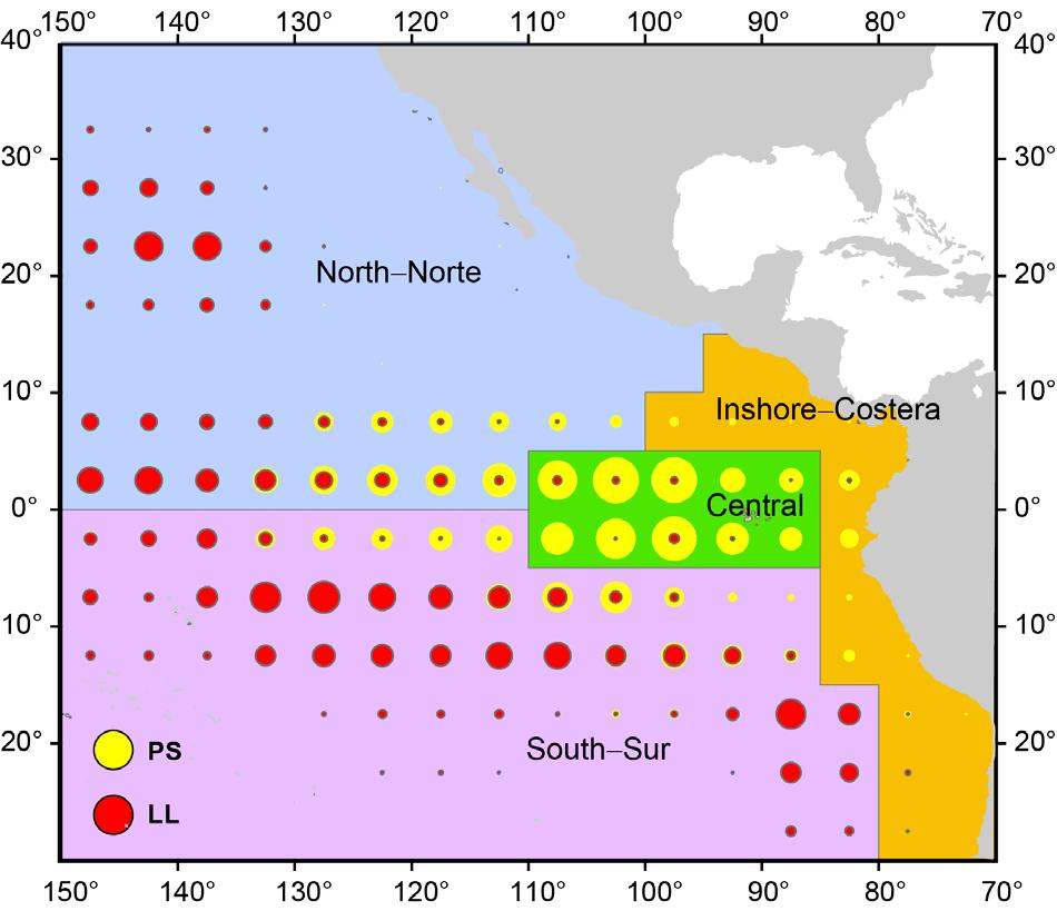 FIGURE 6. Spatial distribution of the catches of bigeye tuna in the eastern Pacific Ocean, 2000-2006, by gear and sub-stock (North, South, Central, and Inshore).