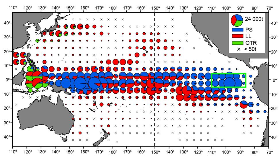 FIGURE 1. Distribution of the catches of bigeye tuna in the Pacific Ocean, by 5 x 5 area and gear type, 2008-2012. The sizes of the circles are proportional to the catch.