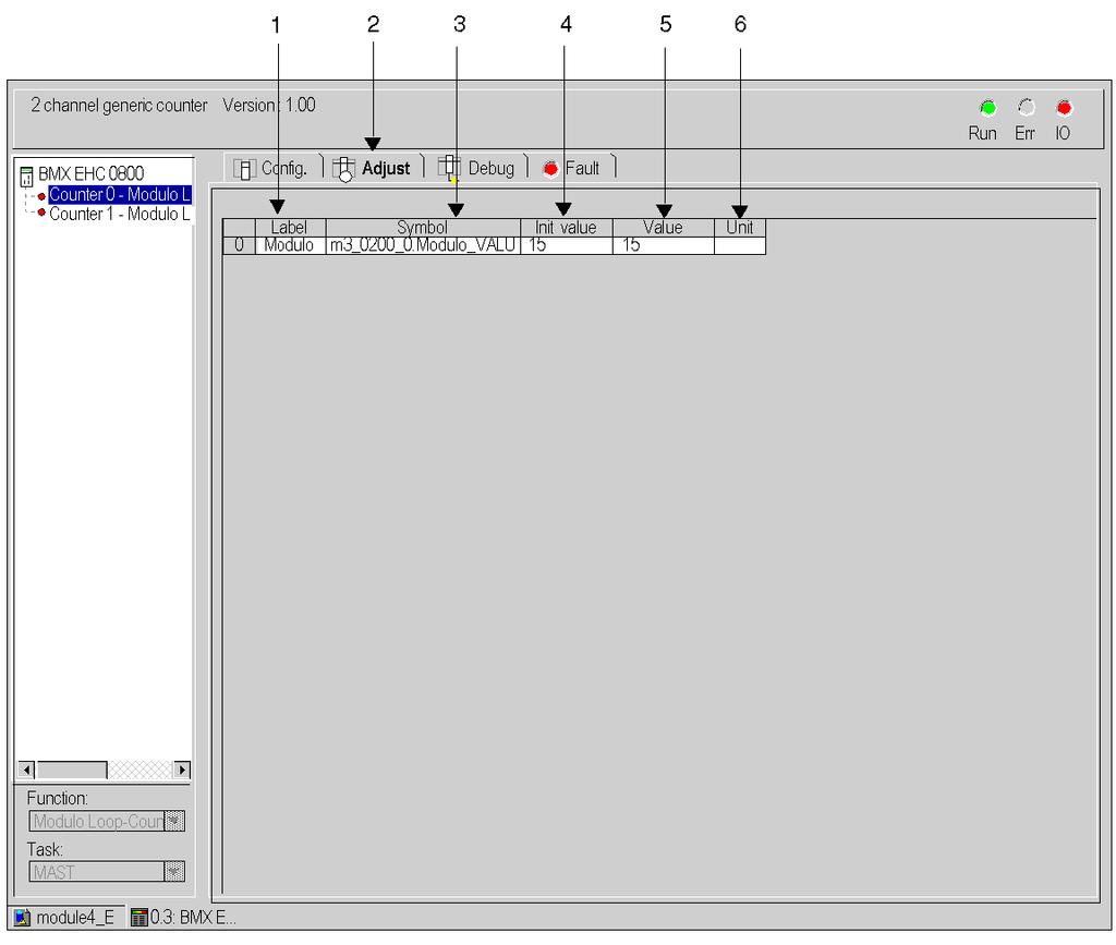 Ajustes del módulo de conteo Pantalla de ajuste del módulo de conteo BMX EHC 0800 Presentación En esta sección se presenta la pantalla de ajuste del módulo de conteo BMX