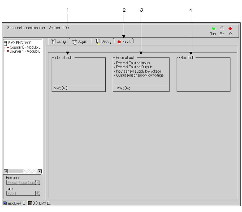 Visualización de errores, módulo de conteo Pantalla de visualización de fallos del módulo de conteo BMX EHC 0800 Presentación En esta sección se presenta la pantalla de visualización de fallos del