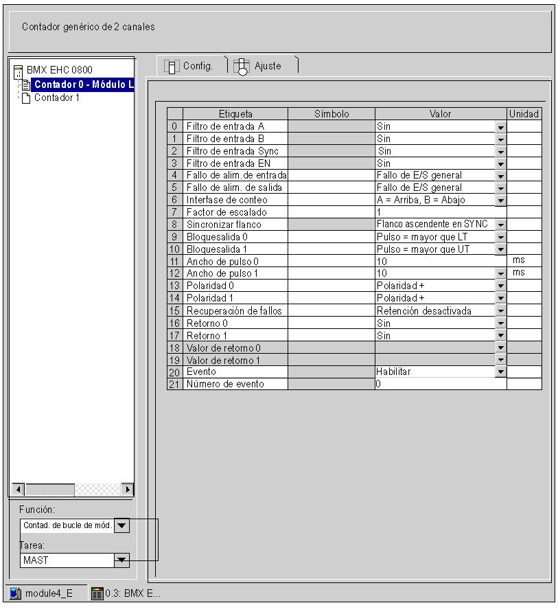Aplicación mediante Unity Pro Configuración del módulo de conteo La tabla siguiente muestra el procedimiento para seleccionar la función de conteo y configurar las salidas reflejas del módulo.