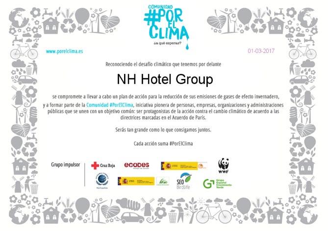 COMPAÑÍA RESPONSABLE Y SOSTENIBLE PLANET Compromiso con el medioambiente y acuerdos en sostenibilidad NH Hotel Group se involucra de manera activa a través de diversas iniciativas que contribuyen a