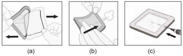 b) Coloque con cuidado el anillo magnético sobre la superficie de acero. c) Inyecte lentamente el agua en el punto de entrada utilizando la cánula de plástico.