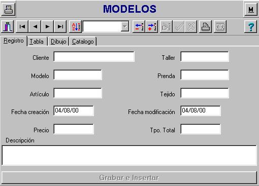 MODELOS Pantalla modelos en modo Registro En esta pantalla se lleva un registro de todos los modelos con los que se tiene que trabajar y los datos registrados en esta pantalla son los necesarios para