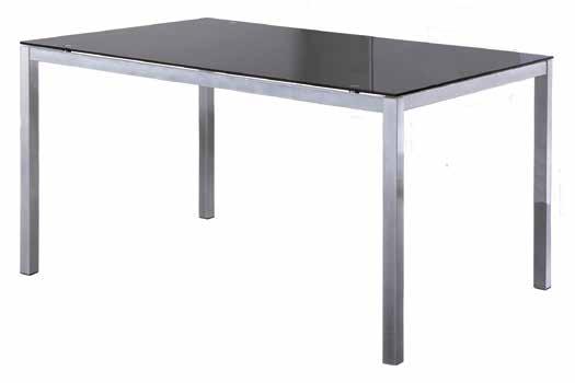 Non-extension rectangular table with a black glass top and metal legs with matt nickel coating.