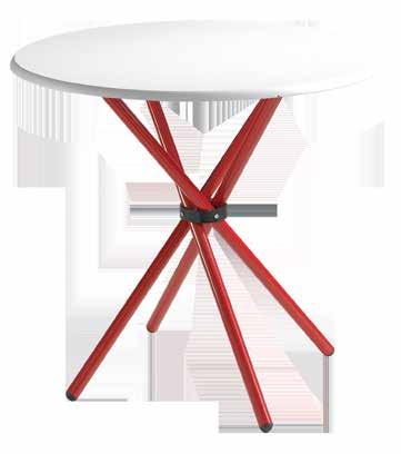 Set formé par une table ronde avec plateau en MDF blanc et pieds métalliques laquées rouge et 4 chaises pliables métalliques laquées 2 en