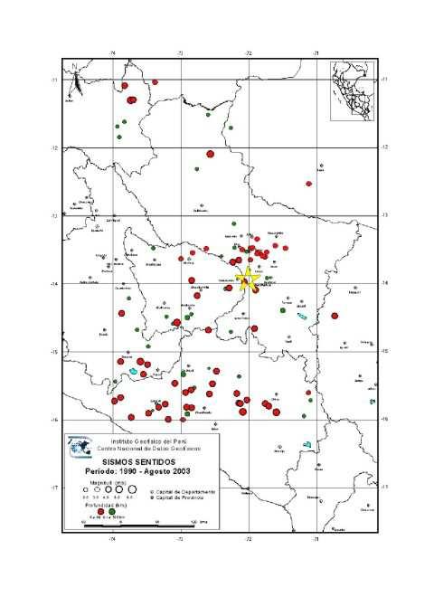 PARAMETROS HIPOCENTRALES DEL SISMO Los parámetros hipocentrales del sismo de Capacmarca son: Hora Origen: Epicentro: Hipocentro: Tamaño: 14h