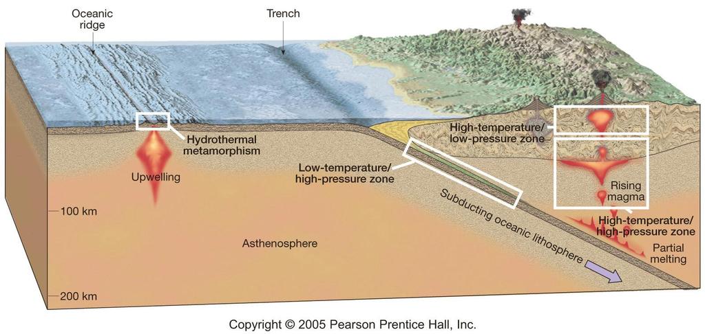 Ambientes metamórficos y tectónica de placas Dorsal oceánica Fosa Metamorfismo hidrotermal Ascenso Zona de baja