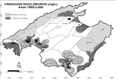 LA INTRUSIÓN MARINA EN LOS ACUÍFEROS DE LA ISLA DE MALLORCA Mapa 2. Variación de la concentración de ión cloruro (mg/l) en los acuíferos costeros de la isla de Mallorca. Período 1985 2000.