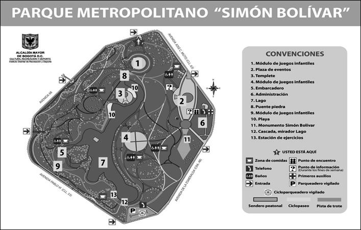 Figura 2. Mapa del Parque metropolitano Simón Bolívar Traza el plano cartesiano y representa el recorrido que hace Javier, tomando como origen (0,0) la administración del parque.