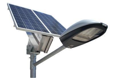 LD48-180 Luminaria Solar con Lámpara de LEDs de 4600 lm. (48 W), arreglo solar de 180 W, para 10 a 11 horas de operación diaria, poste cónico de 8 m de altura. Espaciamiento entre luminarias: 25 m.