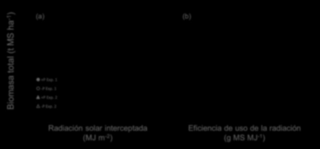Biomasa total (t MS ha -1 ) 25 2 (a) 25 2 (b) Presentación Institucional 15 y Exp. 1 =.94x -.32 R² =.8; P.1 Instituto y Exp. 2 =.125x de - 2.89 R² =.63; P.1 1 Investigaciones +P Exp. 1 -P Exp.