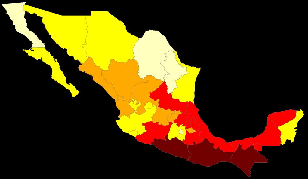 Marginación por entidad federativa Estados Unidos Mexicanos, 2005 Marginación Muy alto Alto Medio Bajo Muy bajo