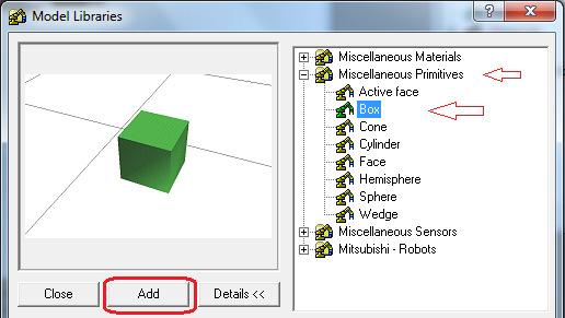 Creación de un nuevo objeto desde la librería. 5. Escoja Micellaneous Primitive. Y dentro de esta categoría escoja BOX Presione el botón Add. Figura 7. Adición de una caja al ambiente virtual.