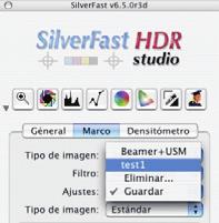 Ajustes del marco: A continuación, se puede seleccionar un conjunto de parámetros con ajustes de imagen previamente guardado en el cuadro de diálogo principal de SilverFast.