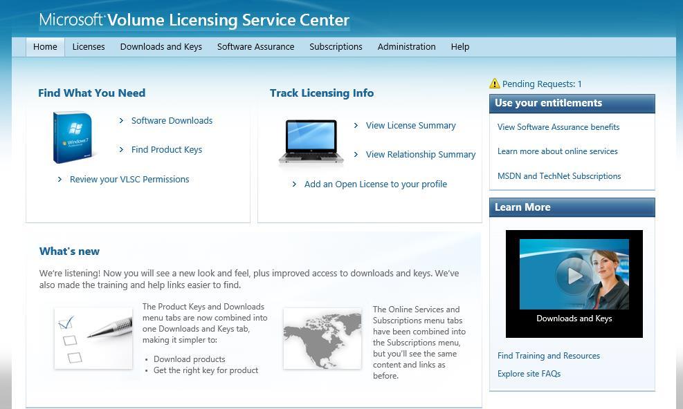 7 Centro de servicio de licencias por volumen de Microsoft: Introducción y administración La página principal de VLSC dispone de varias secciones para ayudarle a realizar las siguientes tareas.