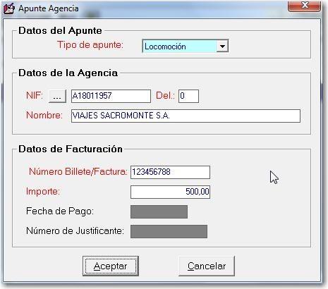 > NIF: Corresponde al Nif de la Agencia de Viajes que nos factura. Una vez relleno, la aplicación cumplimenta el dato de Nombre de la empresa.