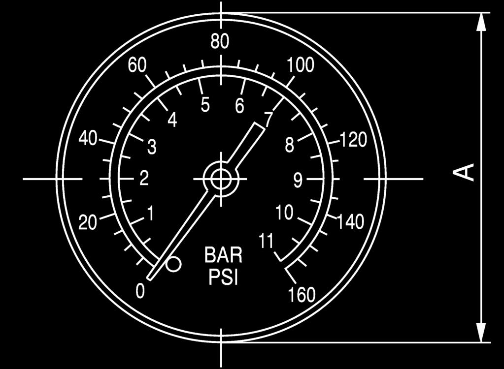 Manómetro con racordaje trasero Opción G Gran Accesorios Datos técnicos y Dimensiones [mm] Series Rango de presión [bar] A Aplicación