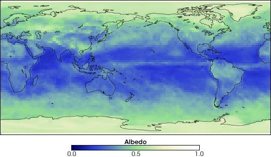 La imagen superior muestra el albedo medio de la Tierra para marzo de 2005, medido por el