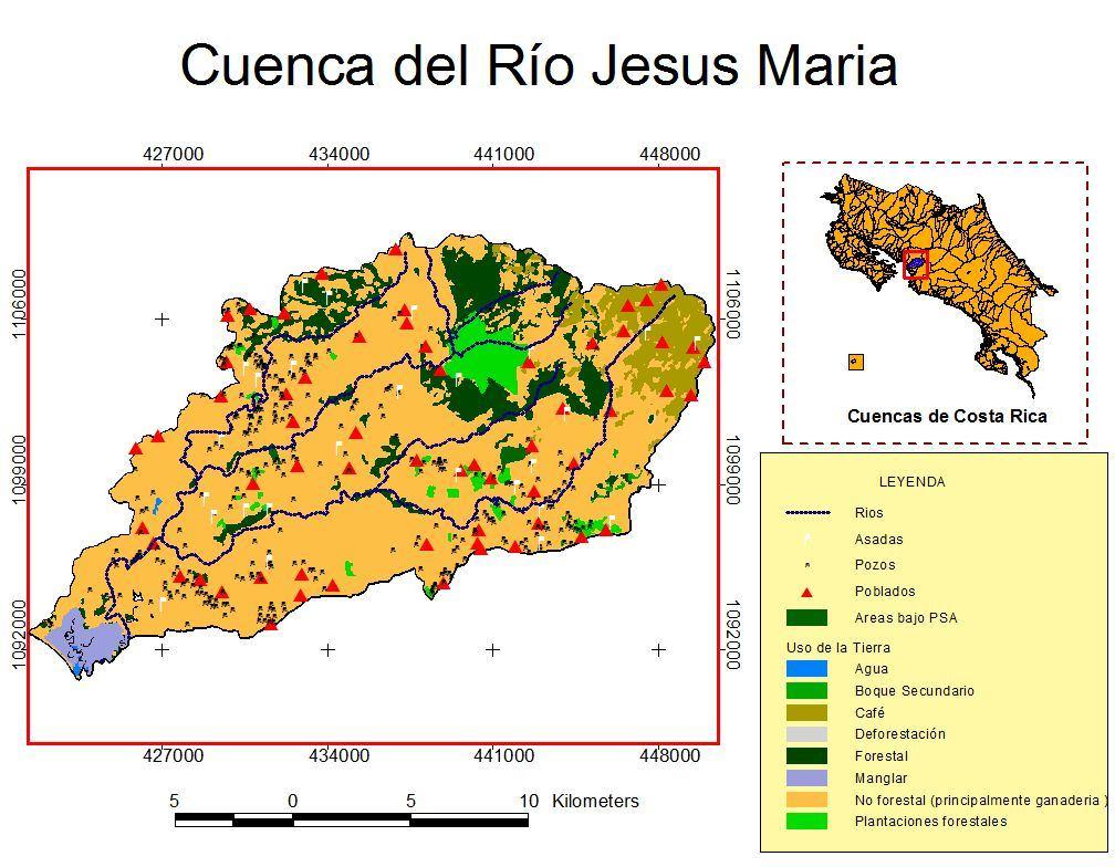 registra entre los meses de diciembre a abril, presenta una evapotranspiración de 1,000 a 1,200 mm (FONAFIFO-CATIE, 2010). Figura 1. Ubicación Cuenca Rio Jesús Maria Costa Rica.