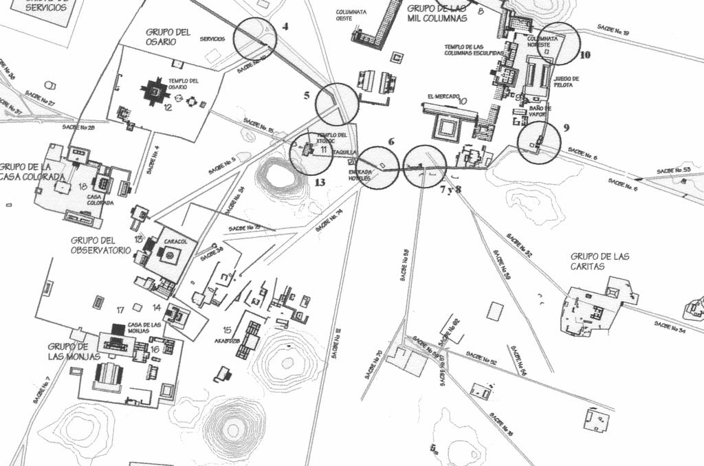 Figura 1 Plano general del centro de Chichen Itza, mostrando en un círculo