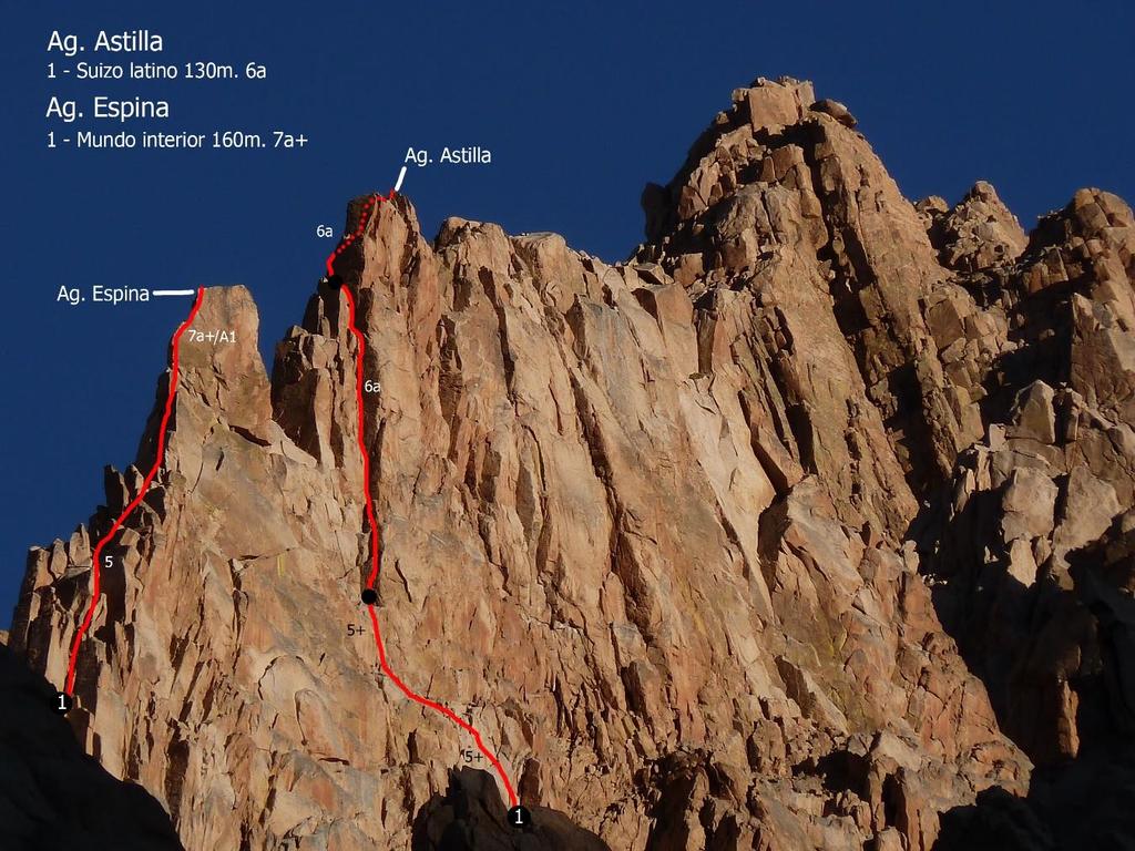1 Que regalito 90m. 6c/A1 Aguja Astilla Esta aguja se eleva inmediatamente a continuación de la Espina conformando un mismo conjunto de cumbres sobre una escalpada cresta.