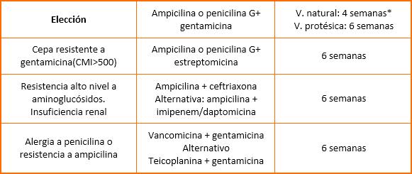 Tabla 18. Tratamiento antibiótico en la endocarditis infecciosa por Enteroccus spp.