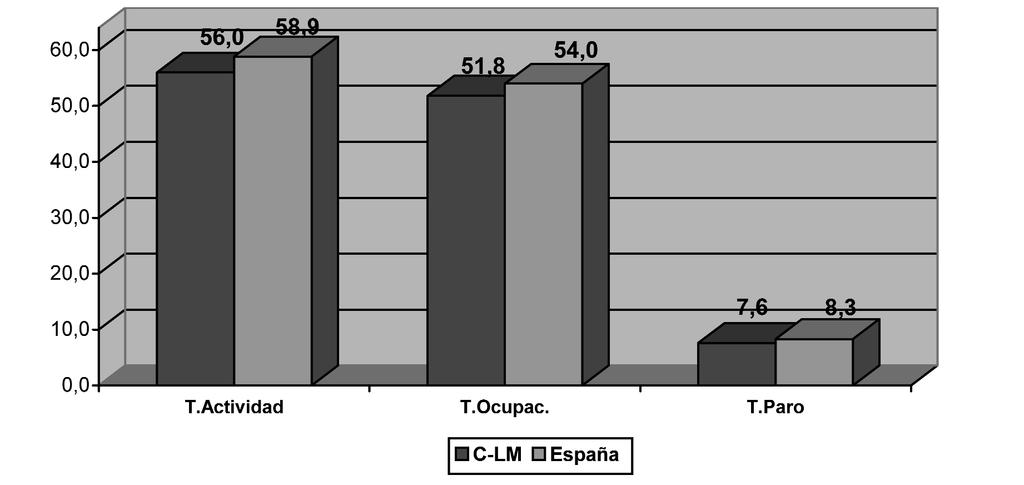 INFORME SOCIOECONÓMICO DE CASTILLA-LA MANCHA 2007 Estos buenos resultados se reflejan también en los avances que experimentan las tasas relativas de actividad, ocupación y paro.
