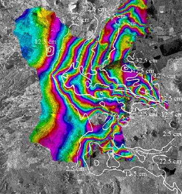 Principales áreas de aplicación. Mapa de subsidencias de la Ciudad de México. Imagen interferométrica obtenida por un radar de apertura sintética sobre el ERS-1 (ESA).