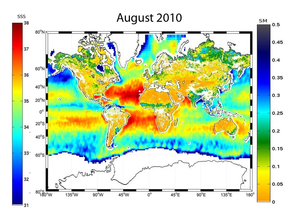 Principales áreas de aplicación. Mapa de humedad del suelo y salinidad del océano obtenido mediante el satélite SMOS de la ESA.
