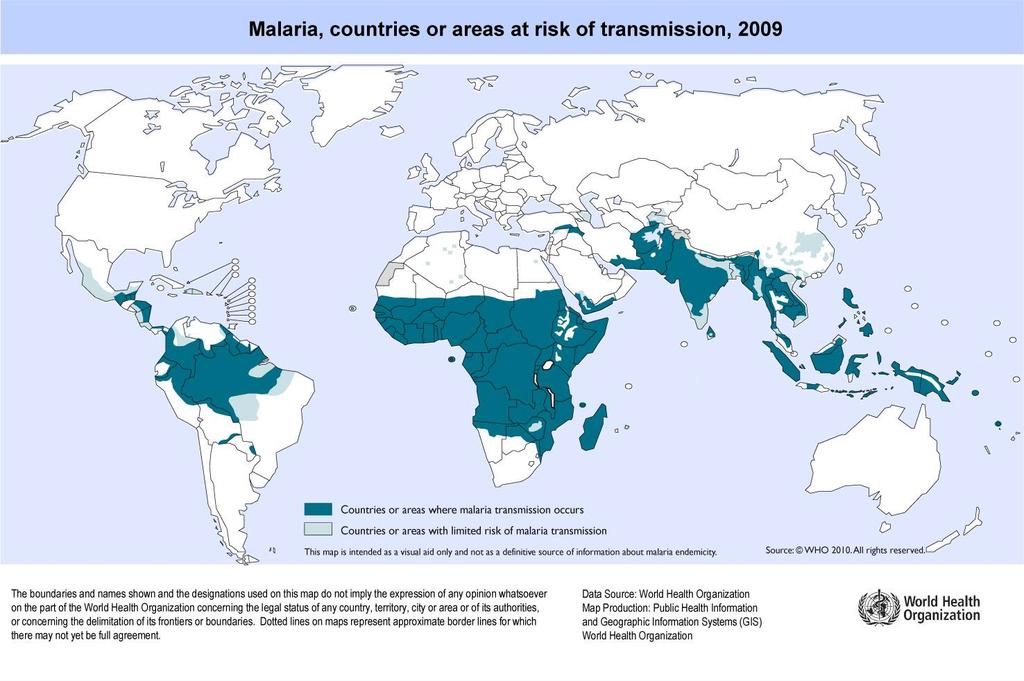Distribución Mundial de la Malaria Países o áreas donde existe transmisión de malaria Países o áreas de riesgo con riesgo limitado de transmisión